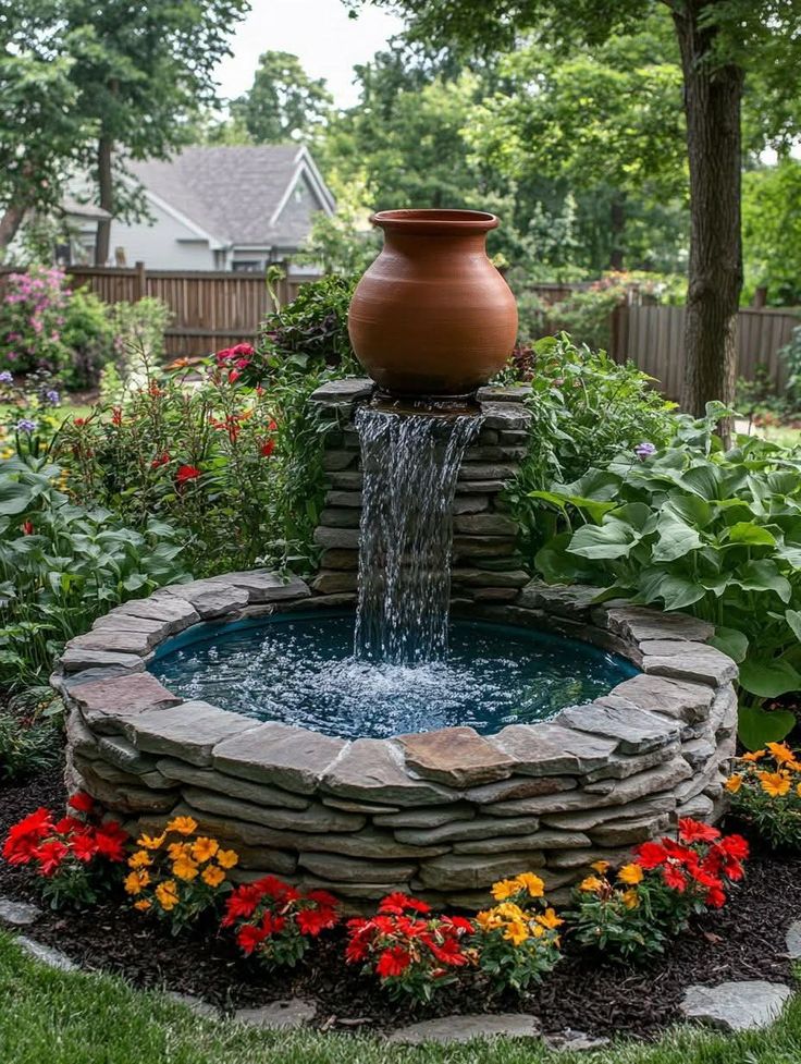 Fuente Artesanal Piedras Planas Olla Barro Encanto Natural Diseno Patios Jardines